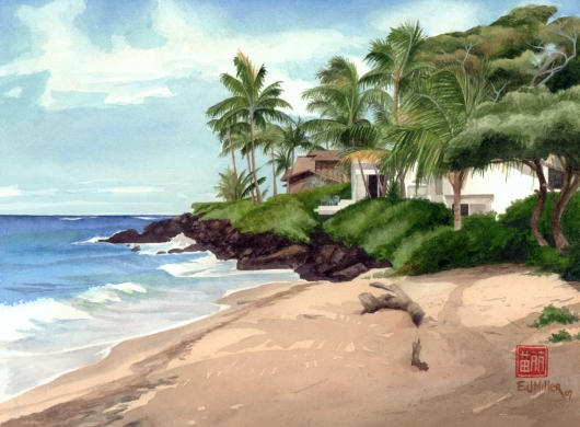 Poipu Surf Spot Kauai watercolor painting - Artist Emily Miller's Hawaii artwork of poipu, ocean, beach, palm trees, palms art