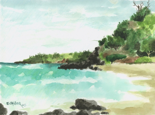 Plein Air at Kaluakai Beach Kauai watercolor painting - Artist Emily Miller's Hawaii artwork of beach, ocean, kilauea art