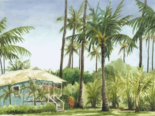 Blue Cottage Kauai watercolor painting - Artist Emily Miller's Hawaii artwork of palm trees, house, waimea plantation cottages, waimea art