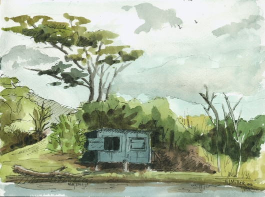 Plein Air, Waita Reservoir fishing shack Kauai watercolor painting - Artist Emily Miller's Hawaii artwork of  art