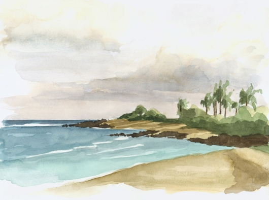 Plein Air at Wailua Kai Kauai watercolor painting - Artist Emily Miller's Hawaii artwork of beach, ocean, kapaa art