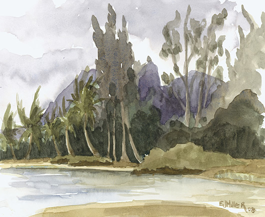 Plein Air at Anahola Beach Kauai watercolor painting - Artist Emily Miller's Hawaii artwork of kalalea, river, anahola, beach, ocean art