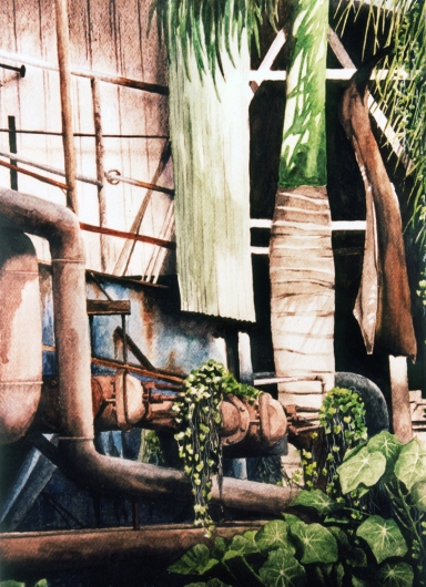 Haleko Sugar Mill Kauai watercolor painting - Artist Emily Miller's Hawaii artwork of sugar mill, lihue art