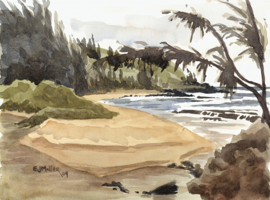 Moloaa Beach river mouth, Plein Air Kauai watercolor painting - Artist Emily Miller's Hawaii artwork of moloaa, beach, ocean, river art