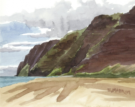 Plein Air at Polihale 3 - Na Pali cliffs Kauai watercolor painting - Artist Emily Miller's Hawaii artwork of na pali, cliffs, polihale, beach, ocean art