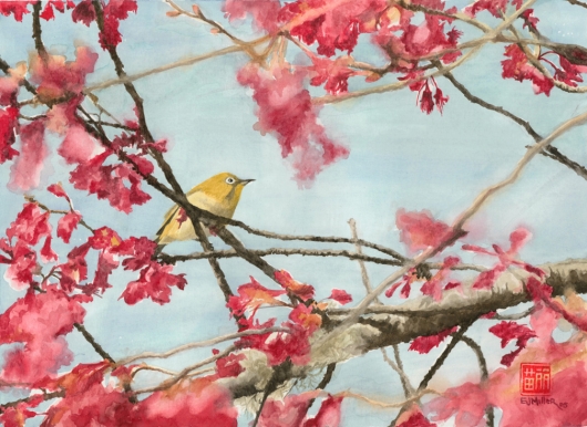 Japanese White-eye Kauai watercolor painting - Artist Emily Miller's Hawaii artwork of pink, sky, flowers, cherry blossoms, tree, bird, mejiro, japanese white-eye art