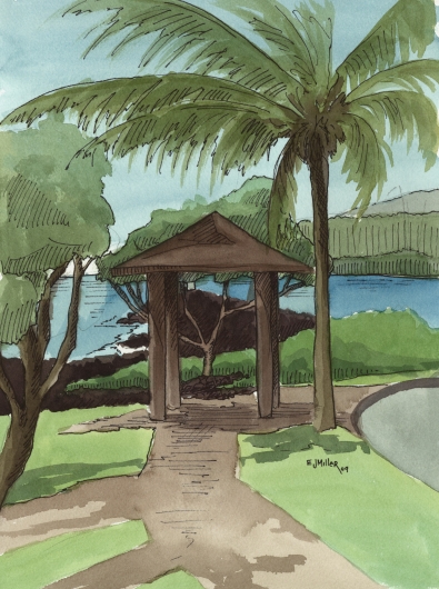 Plein Air at Kukuiula Harbor 3 Kauai watercolor painting - Artist Emily Miller's Hawaii artwork of kukuiula, poipu, palm trees, ocean art