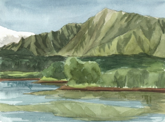 Plein Air at Wailua Reservoir Kauai watercolor painting - Artist Emily Miller's Hawaii artwork of  art