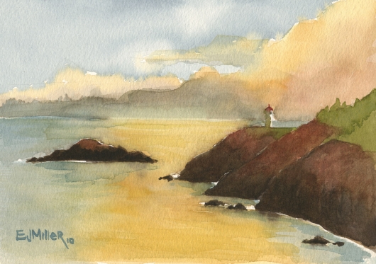 Plein Air, sunset over Kilauea Lighthouse Kauai watercolor painting - Artist Emily Miller's Hawaii artwork of kilauea, lighthouse, sunset, ocean, cliffs art