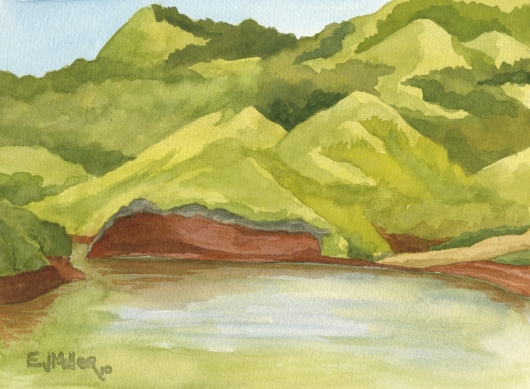 Mountain Lake at Kauai Ranch Kauai watercolor painting - Artist Emily Miller's Hawaii artwork of lake, pond, mountain art