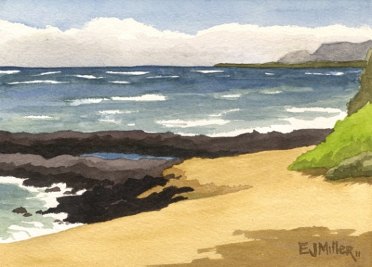 Plein Air at Bullshed beach Kauai watercolor painting - Artist Emily Miller's Hawaii artwork of beach, ocean, kapaa art