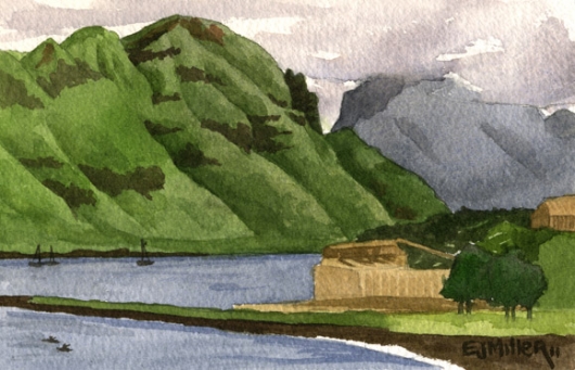 Kalapaki Bay overlook Kauai watercolor painting - Artist Emily Miller's Hawaii artwork of kalapaki, nawiliwili, harbor, ocean, cliffs, mountains art