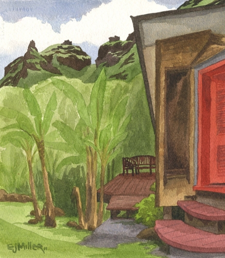 Red Door, Limahuli Kauai watercolor painting - Artist Emily Miller's Hawaii artwork of house, na pali, limahuli, haena, NTBG art