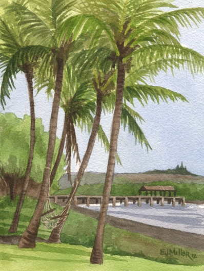 Plein air, Waimea Pier Kauai watercolor painting - Artist Emily Miller's Hawaii artwork of palm trees, waimea, pier, ocean, beach, hammock art
