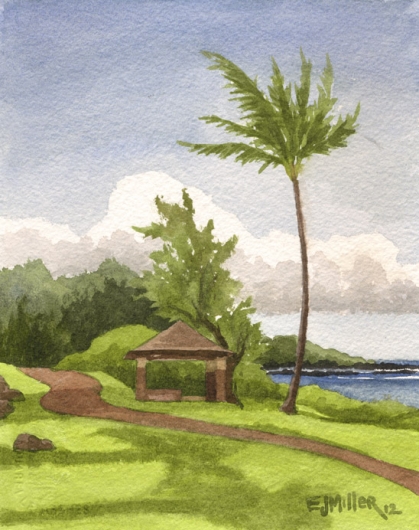 Kapaa Path Kauai watercolor painting - Artist Emily Miller's Hawaii artwork of kapaa, ocean, palm trees art