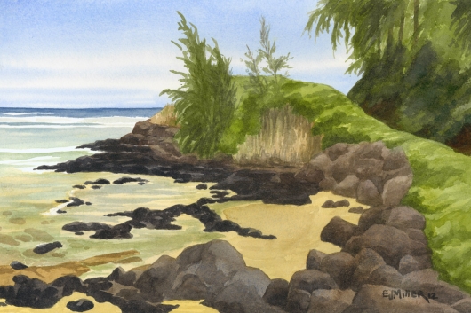 Anini Cove Kauai watercolor painting - Artist Emily Miller's Hawaii artwork of beach, anini beach, ocean art