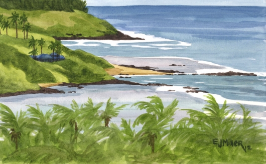 North from Anahola Kauai watercolor painting - Artist Emily Miller's Hawaii artwork of aliomanu, palm trees, anahola, ocean, beach art
