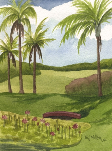 Lotus Pond, Poipu Kauai watercolor painting - Artist Emily Miller's Hawaii artwork of flowers, palms, palm trees, lotus, pond, bridge, poipu, NTBG art
