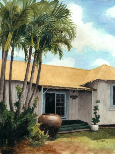 Urn Kauai watercolor painting - Artist Emily Miller's Hawaii artwork of palms, palm trees, plantation style, house art