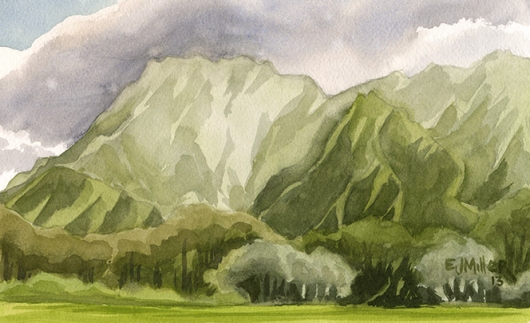 Waipouli mountain view Kauai watercolor painting - Artist Emily Miller's Hawaii artwork of kapaa, mountains art