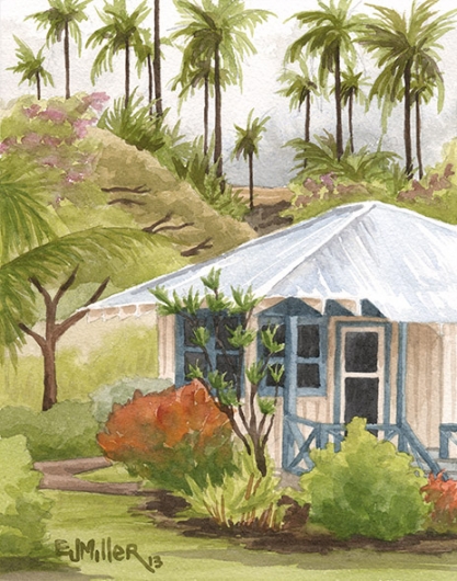 Garden Cottage Kauai watercolor painting - Artist Emily Miller's Hawaii artwork of house, waimea plantation cottages, waimea, palm trees art