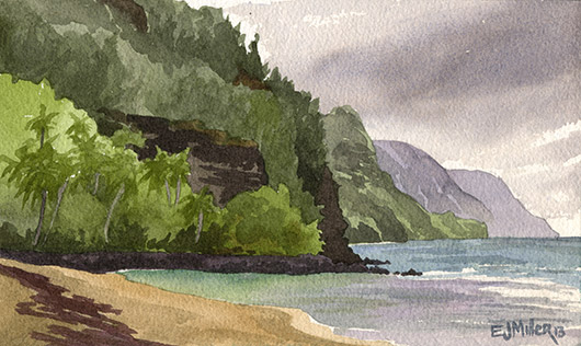 Ke'e Beach lagoon Kauai watercolor painting - Artist Emily Miller's Hawaii artwork of haena, beach, ocean, cliffs, na pali, palm trees, palms, ke'e beach art