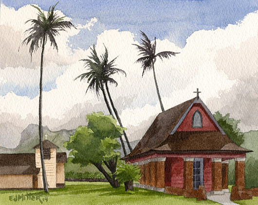 All Saints Episcopal Church, Kapaa Kauai watercolor painting - Artist Emily Miller's Hawaii artwork of church, kapaa art