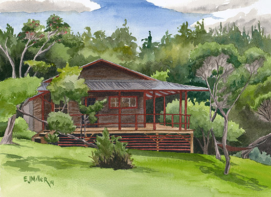 Kokee Cabin Retreat Kauai watercolor painting - Artist Emily Miller's Hawaii artwork of house, kokee, forest art