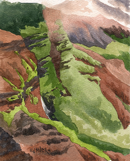 Glimpse of Waipo'o Falls Kauai watercolor painting - Artist Emily Miller's Hawaii artwork of waterfall, waimea canyon, mountains art
