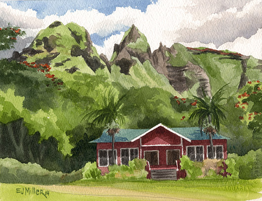 Morning at Anahola Baptist Church Kauai watercolor painting - Artist Emily Miller's Hawaii artwork of kalalea, anahola, church, mountain art