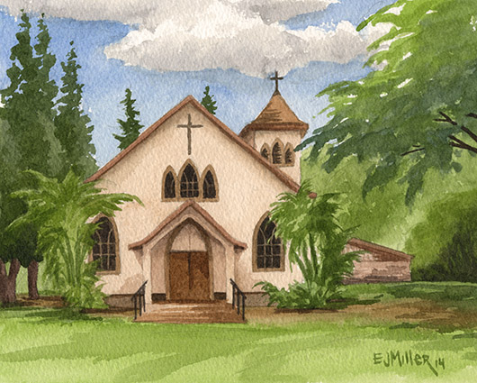 Sacred Hearts, Waimea Kauai watercolor painting - Artist Emily Miller's Hawaii artwork of church, waimea art