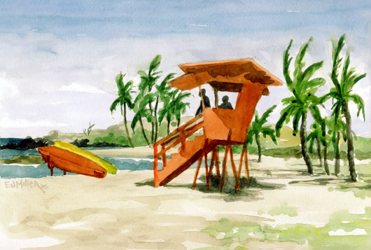 Salt Pond Lifeguard Kauai watercolor painting - Artist Emily Miller's Hawaii artwork of palm trees, surfboard, lifeguard, salt pond, beach, ocean art