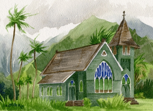 Wai'oli Church, Hanalei Kauai watercolor painting - Artist Emily Miller's Hawaii artwork of church, green, hanalei, mountains, palm trees art