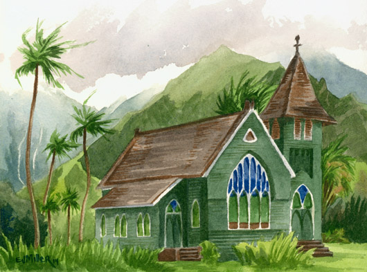 Wai'oli Hui'ia Church Kauai watercolor painting - Artist Emily Miller's Hawaii artwork of church, green, hanalei, mountains, palm trees art