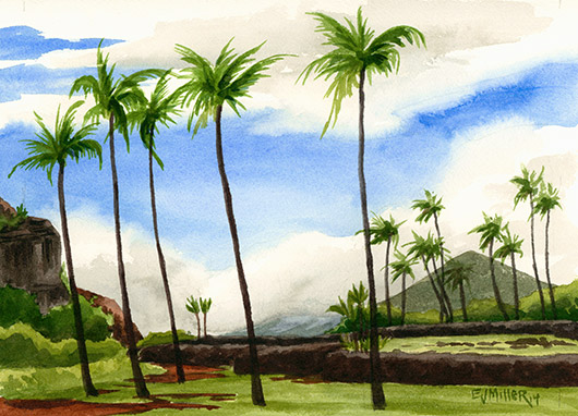 Poliahu Heiau Kauai watercolor painting - Artist Emily Miller's Hawaii artwork of heiau, kapaa, palm trees art