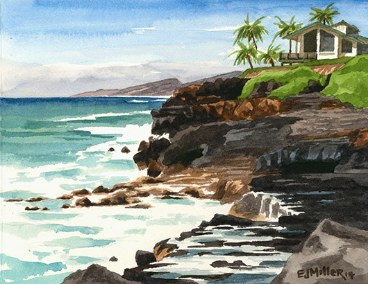 Makahuena Point, Poipu Kauai watercolor painting - Artist Emily Miller's Hawaii artwork of poipu, cliffs, ocean art