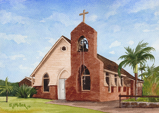 St. John's, Eleele Kauai watercolor painting - Artist Emily Miller's Hawaii artwork of church art