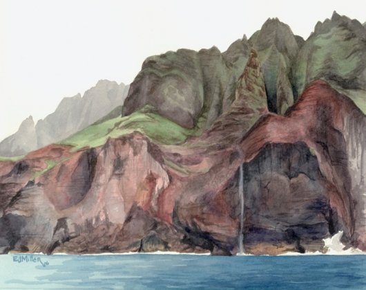 Na Pali 3 Kauai watercolor painting - Artist Emily Miller's Hawaii artwork of na pali, ocean, cliffs, mountains art