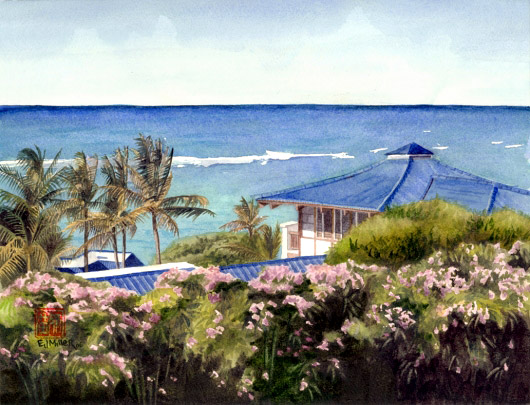The View from Jean's Kauai watercolor painting - Artist Emily Miller's Hawaii artwork of flowers, house, palms, palm trees, anahola, aliomanu, ocean art
