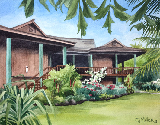 Poipu tropical home Kauai watercolor painting - Artist Emily Miller's Hawaii artwork of poipu, garden, plantation style, house art