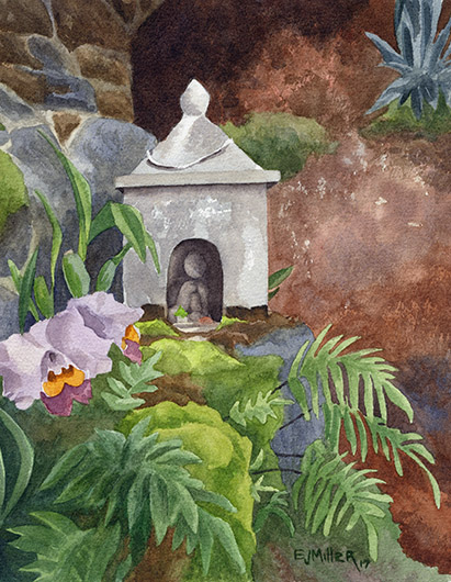 Buddhist Shrine at Lawai International Center, south shore Kauai watercolor painting by Emily Miller