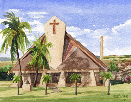 St. Theresa's, Kekaha Kauai watercolor painting - Artist Emily Miller's Hawaii artwork of church art