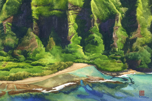 Pali at Ke'e Beach, Na Pali coast north shore Kauai watercolor painting by Emily Miller