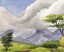Kauai watercolor artwork by Hawaii Artist Emily Miller - Mountain View from Three Corner Ranch