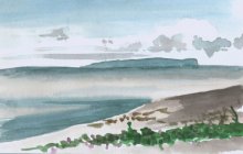 Kauai watercolor artwork by Hawaii Artist Emily Miller - View of Niihau from Waimea Black Sand Beach - Pochade Challenge