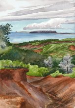 Kauai watercolor artwork by Hawaii Artist Emily Miller - View of Niihau from Waimea Canyon