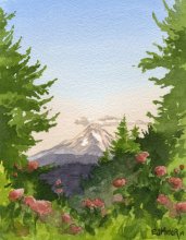 View of Mt. Hood from Portland Rose Garden - Hawaii watercolor by Emily Miller