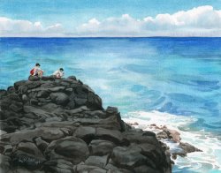 Bright Day at Queen's Bath - Kauai watercolor painting