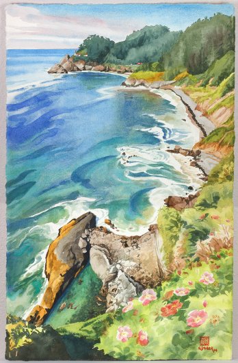 Deckle edge Seal Lagoon at Heceta Head Overlook, Oregon Coast -  artwork by Emily Miller