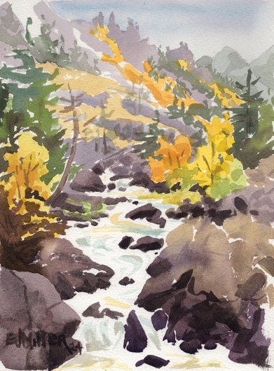 Autumn on Icicle Creek, Leavenworth, Travel Sketchbooks -  artwork by Emily Miller